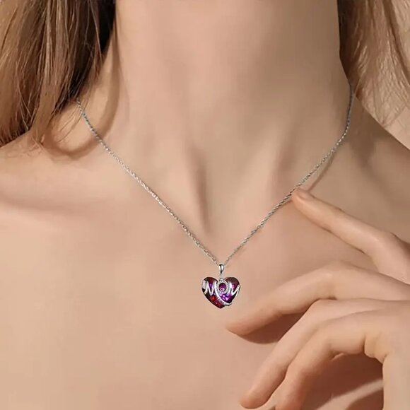1pc Thanksgiving Heart With MOM Pendant Necklace,"I Love You", Christmas Jewelry - Picture 2 of 3